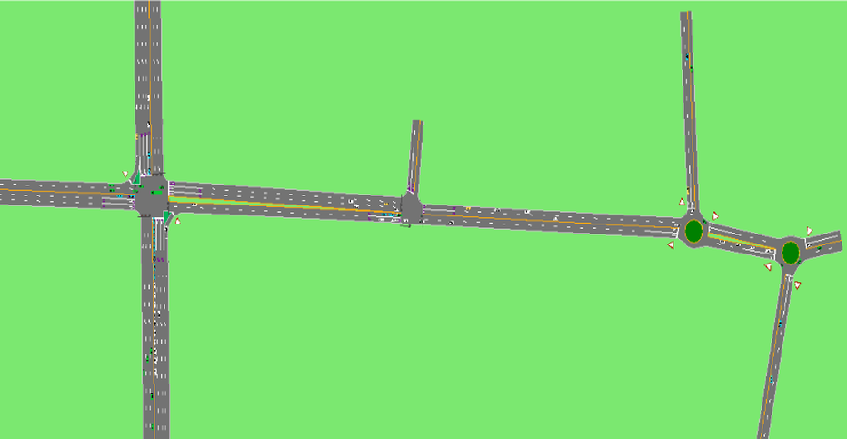 Image depicting synchro model, used in modeling traffic volumes through an intersection, of proposed roadway.