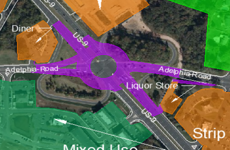 Shown in the image, and shaded in purple, the new roundabout intersection is laid over the US-9 and Adelphia Road.