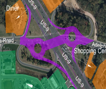 In this image is the third US-9 and Adelphia Road intersection design.  It consists of two roundabouts placed on either side of US-9 and raised with an overpass connecting them.  This is shown in purple.