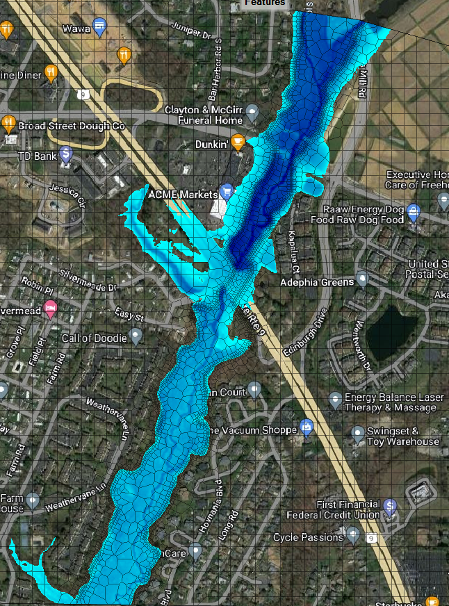 Image of flood map model.  This shows possible flooding in area should the dam fail.